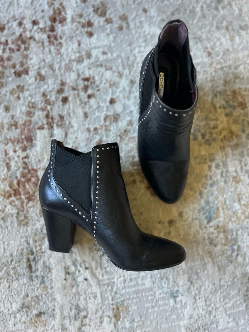 BCBG Black Leather Studded Ankle Booties